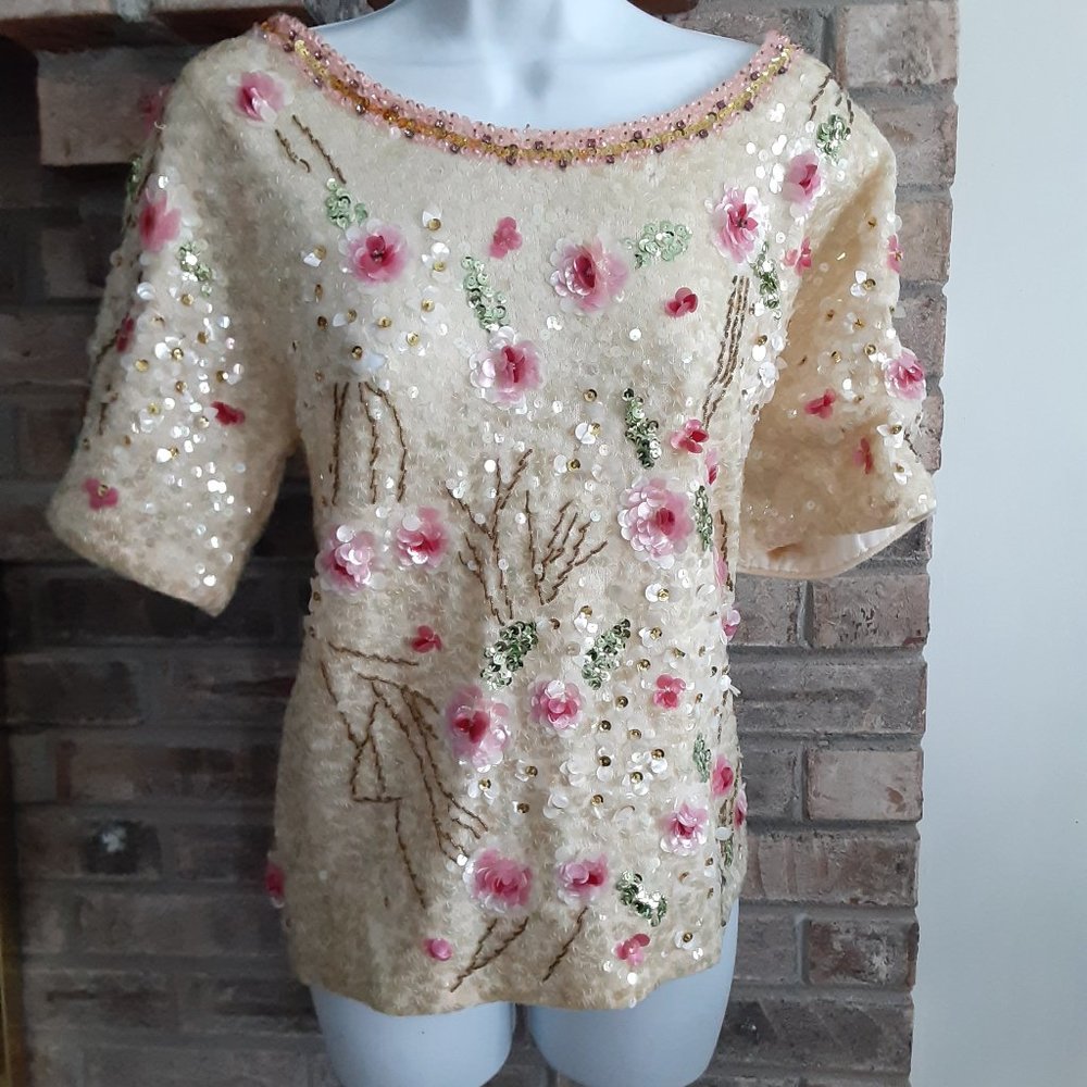 Vintage, Sequined, Short-Sleeved Sweater